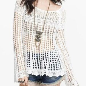 Free People Open-Knit Crochet Pullover in Cream
